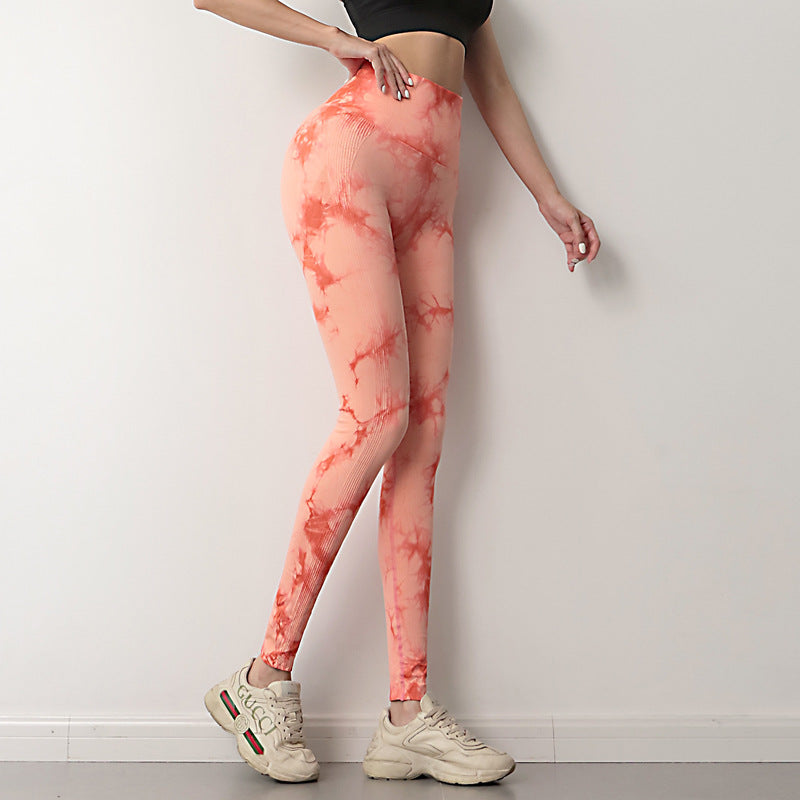  Women Tie Dye Scrunch Butt Lift Leggings High Waisted  Seamless Yoga Pants Sports Workout Compression Tights Light Pink Orange XL